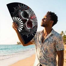 1pc Halloween Kung Fu Fan Gothic Style Exquisite Floral Skeleton Print Handheld Folding Fan, Plastic Black Ribs, Decorative Portable Fan For Daily Use And Theme Parties - One Size Fits All - View 6