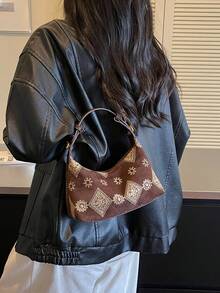 1件女款秋冬新款新月形手提包，時尚極簡麂皮天鵝絨包，適合約會送禮、通勤、購物 - 咖啡棕 - 查看 5