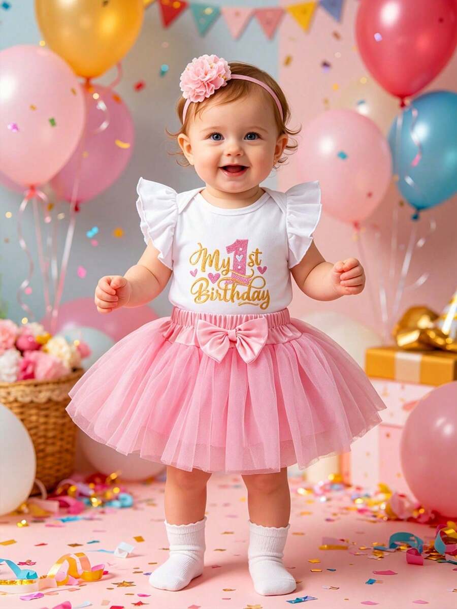 Baby Girl Birthday 3pcs Outfit Set: Embroidered Letter Bodysuit, Bowknot Tulle Skirt, Hair Accessory, Cute Clothing For Celebration, Photo Shoot, Party - Pink - View 1