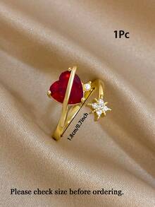 1Pc/Set Sweet Cute Cherry Charm Heart Red Zirconia Open Ring Gold Jewelry Set,For Women,Daily,Party,Anniversary,Valentine Birthday Gifts,Christmas,Y2K - Multicolor - View 10