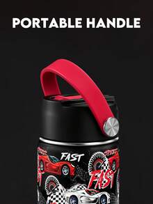 Meoky 12oz Sports Water Bottle, Single-Opening Hard Straw With Handle, Cartoon Print Portable Travel Cup, Suitable For Outdoor, Gym, School, Commute And Daily Use (Black & Red Racing Style) - Black and Red Racing - View 4