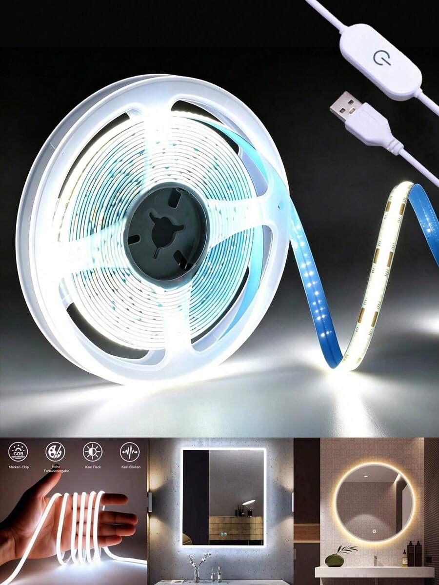 COB LED Light Strip - USB Powered Adhesive Cuttable Light Strip With Touch Control - Long Press To Adjust Brightness, 3 Color Temperatures Available, Suitable For Wardrobe Kitchen Lighting, TV Backlight, DIY Bedroom Home Decor Lighting