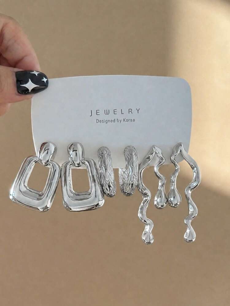 6-18pcs/Set Heart, Water Drop, Asymmetrical Wave, Geometric Polygon, Triangle Multiple Styles Earring Set, Women's Fashion Silver Earring Set, Elegant And Versatile, Suitable For Party, Travel, Gift, Engagement And Other Occasions - Silver - View 6