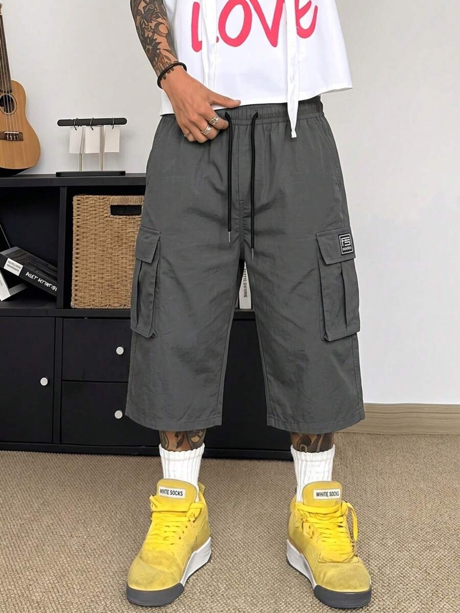 Spring/Summer Men's Outdoor Cargo Pants With Large Pockets, Loose Fit Drawstring Casual Sports Pants, Non-Stretch - Grey - View 1