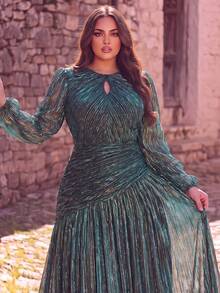 Gaun Formal Panjang Berkilau Elegan Ukuran Plus, Lengan Panjang, Leher Bulat, Hem Mengembang, Cocok untuk Malam yang Menawan dan Acara Spesial - Dark Green - View 3