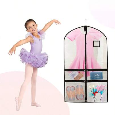 2‑Pack 40 Inch Clear Kids Dance Garment Bags With 4 Pockets, Polyester Hanging Dustproof Storage Bag For Girls Dance Skirt Costume Uniform, For Travel Dance Competition, With 1Pc Enlarged Thickened Black Dust Cover