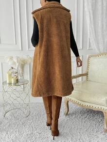 Women's Casual Lapel Double Button Pocket Solid Color Fleece Cardigan Jacket - Brown - View 2
