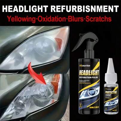 Kit Profesional de Restauración de Faros de Coche 100ml + 20ML - Elimina el Amarilleo, la Oxidación y el Empañamiento - Materiales de Pulido y Lijado de Lentes - Mejora Efectivamente el Brillo de los Faros, Lijado y Pulido - Repara el Amarilleo, el Empañamiento, la Oxidación, Restaura Rápidamente la Claridad de la Luz, Mejora la Visibilidad de Conducción Nocturna