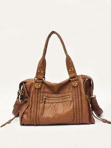Vintage Faux Leather Shoulder Bag, Fashion Design Large Capacity Shoulder Bag, Niche Classic Multi-Functional Handbag, Suitable For Daily Commute - Brown - View 6