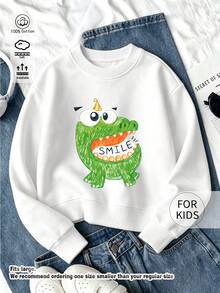 Kids Crew Neck Sweatshirt, Smiling Cartoon Crocodile Print Pure Cotton Pullover, Soft Casual Long Sleeve Top - White - View 7
