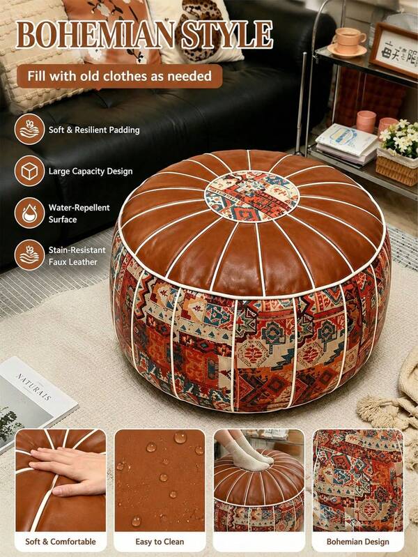 Bohemian Floral Embroidered Storage Ottoman, Clothes Storage Stool, Round Floor Cushion With Storage Function, Waterproof Design, Suitable For Living Room, Bedroom And Home Decor