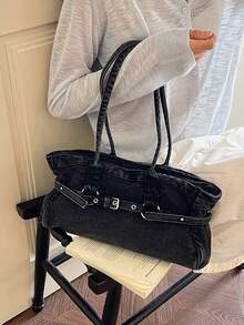Fashionable Vintage Black Underarm Large Bag, Unique Buckle Design Women's Bag, Relaxed Street Style Shoulder Tote Bag, Suitable For University, Commuting, Shopping, Strolling, Daily Use. - Black - View 6