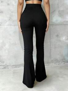Women's High Waist Slim Fit Front Slit Flared Suit Pants, Elastic Drape Commute Casual Bell Bottom Trousers - Black - View 2