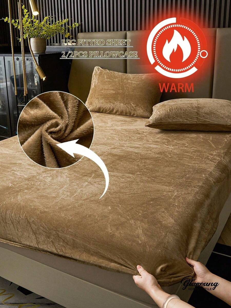 2/3件咖啡棕色天鵝絨包床單套組,溫暖柔軟,純色天鵝絨床上用品套組,可選尺寸:特大號、大號、標準雙人、單人,奢華超柔軟舒適底層布料,11.8英吋深口袋設計,適合秋冬春季,套組包含1件包床單和1/2個枕套,宿舍床上用品,返校床上用品 - 咖啡棕 - 查看 1
