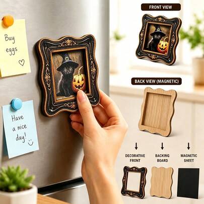 1pc Pumpkin Black Cat Fridge Magnet, Wooden Frame Fridge Magnet, Home Decor, Fun Gift!