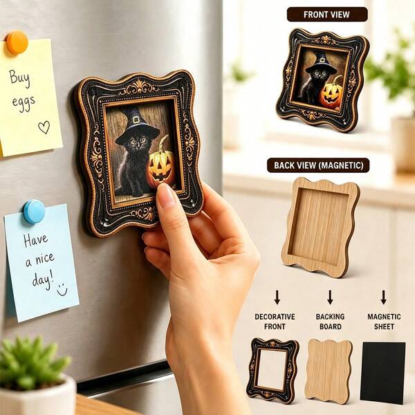 1pc Pumpkin Black Cat Fridge Magnet, Wooden Frame Fridge Magnet, Home Decor, Fun Gift!