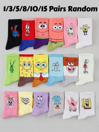 SpongeBob SquarePants 1/3/5/8/10 أزواج جوارب كرو بطبعات كرتونية عشوائية من SquarePants، مناسبة لملابس الشارع والإطلالات الكاجوال، لطيفة لزي المدرسة والارتداء اليومي