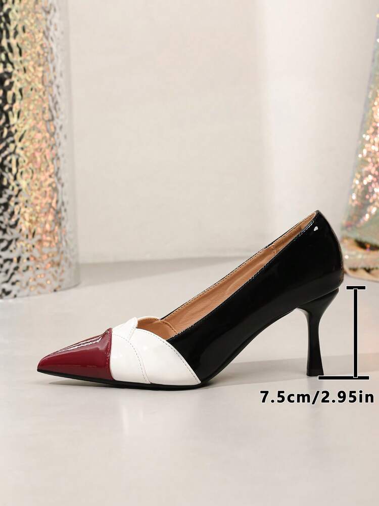 New Women's Mid-Heel High Heels, Pointed Toe, Comfortable, Fashionable, Versatile Shoes - Red, White, and Black Color Block - View 7