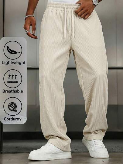 Men's Vintage Style Loose Corduroy Casual Pants With Pockets - Comfortable Soft Fabric, Suitable For Street And Outdoor Activities