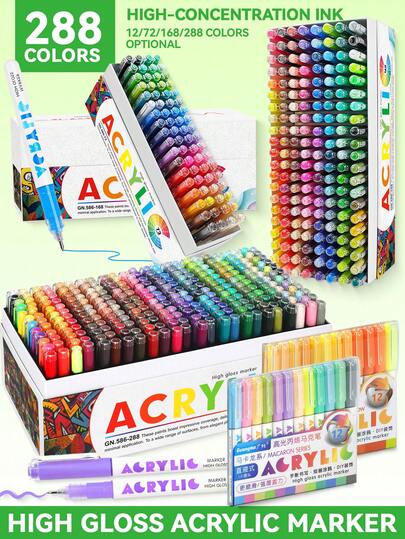 GuangNa High Gloss Acrylic Gel Pens 12/72/168/288 Colors Set, 1.0mm Hard Tip, High Concentration Pigment And Large Capacity Water-Based Ink. Can Create 3D Painting Effect, Suitable For Wood, Ceramic, Metal, Glass And Rock Painting, Back To School