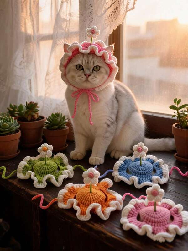 1pc Handmade Knitted Pet Hat, Cute Flower Cat Hat, Soft & Warm Kitten & Puppy Headwear, Comfortable & Fashionable Pet Accessory, Holiday Party Christmas Halloween Cosplay Costume, Cute Puppy & Kitten Outfit Set, Ideal Gift For Pet Lovers