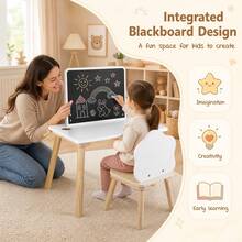 Weaning Table & Chair Set W/Chalkboard Brush Pot For Drawing Learning Mealtime White & Natural - White - View 7