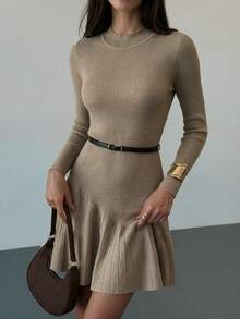 SEREN Women's New Semi-High Neck Fitted Long Sleeve Knit Dress, Ruffle Patchwork Design Short Dress, Autumn Fashion Outfit - Camel - View 5