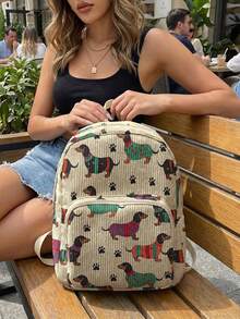 1 Piece Backpack, Women's Mini Backpack, Corduroy Girl School Bag, Travel Storage Bag, Puppy Printed Design, Large‑Capacity Foldable Easy‑To‑Store Bag, Lightweight & Pressure‑Relieving, Multi‑Pocket Layered Design With Zipper Closure - Paw Print Puppy 20899 - View 7