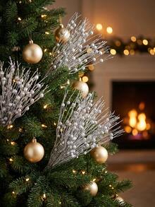 6pcs Silver Glitter Christmas Tree Decorative Branches With Berries And Artificial Flowers, Suitable For Holiday, Wedding, Party, Tabletop Decor, DIY Decoration Accessories, Christmas Tree And Christmas Plant Decoration - Silver - View 1