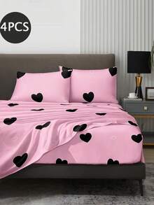 4-Piece Black Marble Pattern Bedding Set, 1 Fitted Sheet + 1 Flat Sheet + 2 Pillowcases Mattress Protector Set (Pillow Inserts Not Included), Suitable For King/Queen/Full/Twin Sizes, Deep Pocket Fitted Sheet Up To 11.8 Inches - Pink - View 2