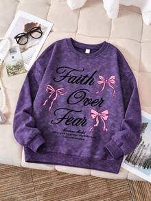 2pcs/Set Girls Round Neck Sweatshirt Set, Printed With Bows And English, Paired With Casual Flared Pants, New Comfortable Autumn/Winter Outfit - Purple - View 4