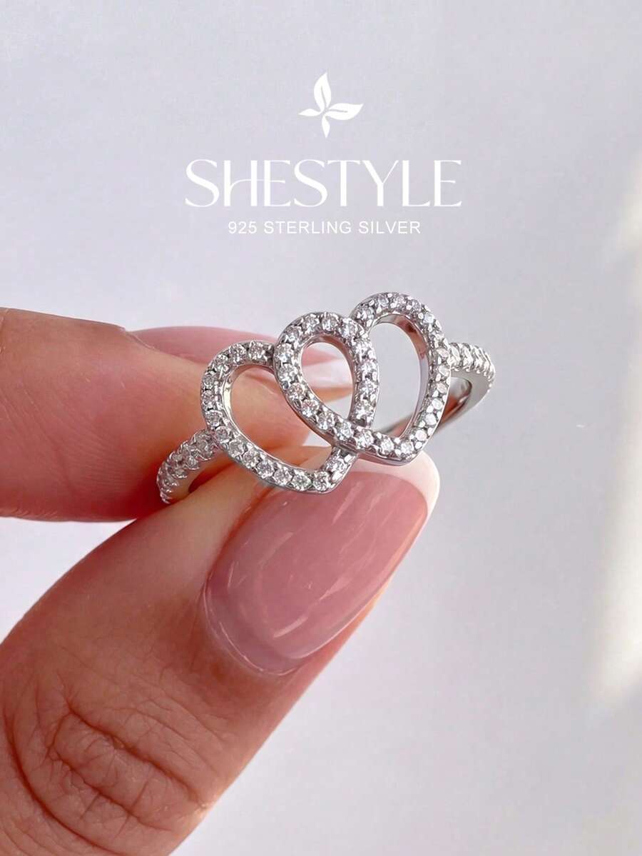 1pc 925 Sterling Silver Diamond Inlaid Double Heart Ring, Exquisite & Unique, Suitable For Balls, Gatherings And Parties, High-Quality Jewelry Gift For Women - Double Heart - View 1
