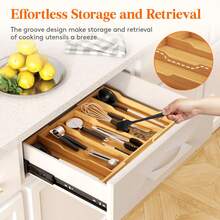 Expandable Bamboo Drawer Organizer With Dividers, Adjustable Kitchen Drawer Organizer For Large Cooking Utensils Cutlery, Kitchen Drawer Organization - View 7