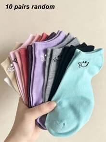 1/5/10 Pairs Women's Cartoon Pattern Solid Color Boat Socks, Comfortable Sweat-Absorbing Breathable Casual Socks, Suitable For Daily, Home, School Style, All Seasons - Multicolor - View 10