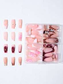 24 Pcs 3D Stereoscopic Gel Nails, Can Create Flower Nail Art, Decorated With Imitation Pearls, Square French Tips, Rectangular Perfect Fit Acrylic False Nail Set - Multicolor - View 6