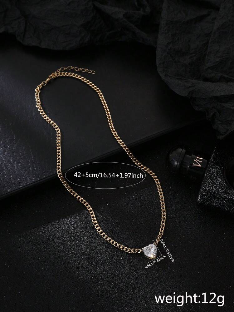 Tkool 1pc Luxury White Heart-Shaped Copper Alloy Gemstone Pendant Necklace, Minimalist Elegant Women's Necklace - Yellow Gold - View 5