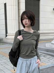 Korean Style Early Spring Versatile Retro Minimalist Design Asymmetric Button Slim Fit Flattering Hooded T-Shirt Top - Dark Grey - View 3