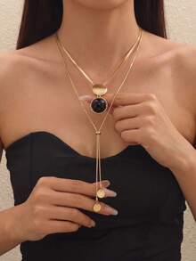 1pc Fashion Vintage Copper Y-Shaped Tassel Double Circle Pendant Adjustable Long Necklace, Suitable For Women's Date And Commute Wear, Gift - Gold - View 2