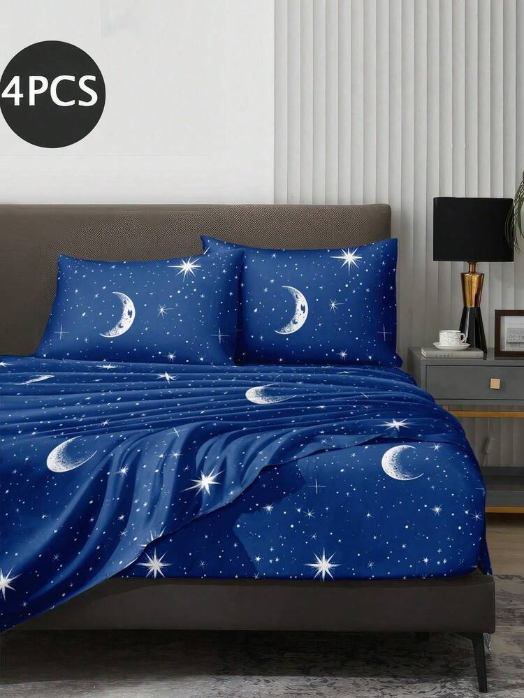 4件組藍色月亮與星星圖案床上用品套裝，易護理柔軟床上用品套裝，花卉圖案床單套裝（1件平鋪床單 + 1件包床單 + 2個枕套），包床單套裝，適用於特大號、大號、全尺寸和單人床，深口袋設計，枕套最大可達11.8英吋，柔軟透氣 - 藍色 - 查看 2