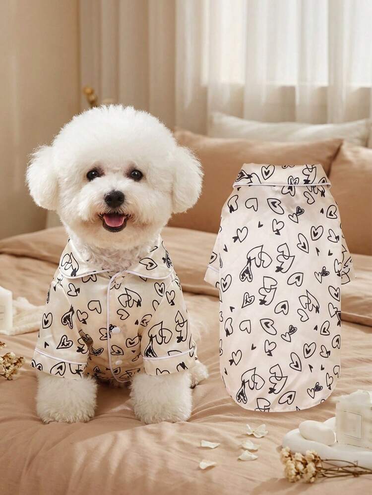 Breathable Comfortable Satin Pet Pajamas, White Background Heart Print, Non-Elastic Puppy Clothes, Suitable For Small Dogs Teddy, All Season Home Wear, Size Runs Small, Recommend Choosing 1-2 Sizes Larger - White - View 14