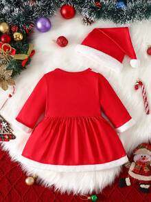 Set Gaun Lengan Panjang dan Topi Motif Kartun Santa Claus Lucu untuk Bayi Perempuan, 2 Potong, Musim Semi/Musim Gugur - Merah - View 3