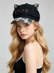 MESHUOKAI Y2K Sweet & Cool Girl 3D Cat Ear Newsboy Cap, Plaid Patchwork Brim, Cartoon Cat Embroidery Fashion Beret, Suitable For Daily Wear - Multicolor - View 1