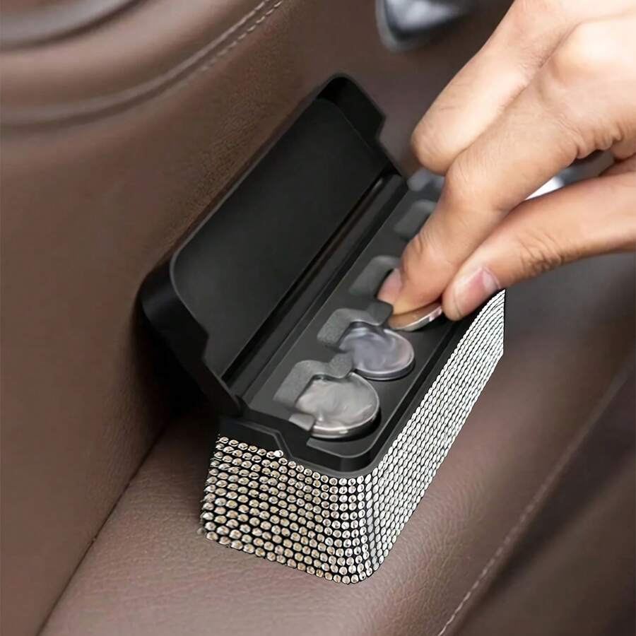 1pc Car Shiny Coin Storage Box With 4 Compartments Crystal Rhinestone Organizer Diamond Coin Dispenser For SUVs Sedans Trucks Interior Accessories Car Organization Solutions Bling Auto Holder - Silver - View 1