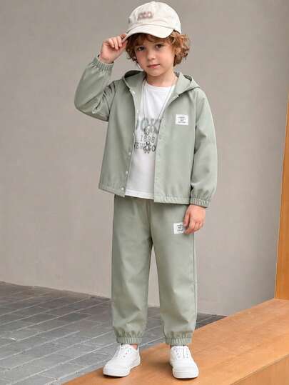 Autumn New Boys' Light Green Denim Hooded Jacket Windbreaker With Letter Print, White Short Sleeve Crew Neck T-Shirt And Green Long Pants, 3-Piece Casual Minimalist Set, Loose Comfortable Lightweight Breathable Material