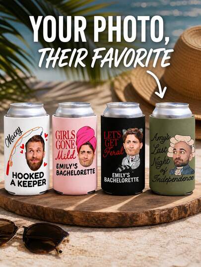 Fundas Personalizadas para Enfriar Latas con Foto, Personalizadas con Foto de Cara y Texto Personalizado, Soportes Divertidos para Bebidas para Despedidas de Soltera, Viajes de Chicas y Celebraciones Grupales, Regalos de Fiesta Divertidos para Darle Vida a tu Reunión con Temática Nupcial con tu Grupo.