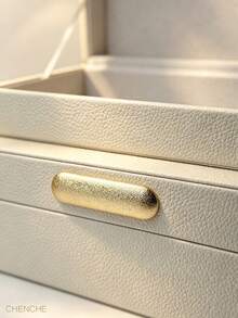 Set Of 2 S & L Size Cream Pebbled PU Leather Jewelry Boxes With Lid, Gold Zinc Alloy Bar Handle, Velvet Lined Rect Accessory Storage Organizer, Modern Luxury Vanity Bedroom Decor Holiday Gift - OFF-white - View 9