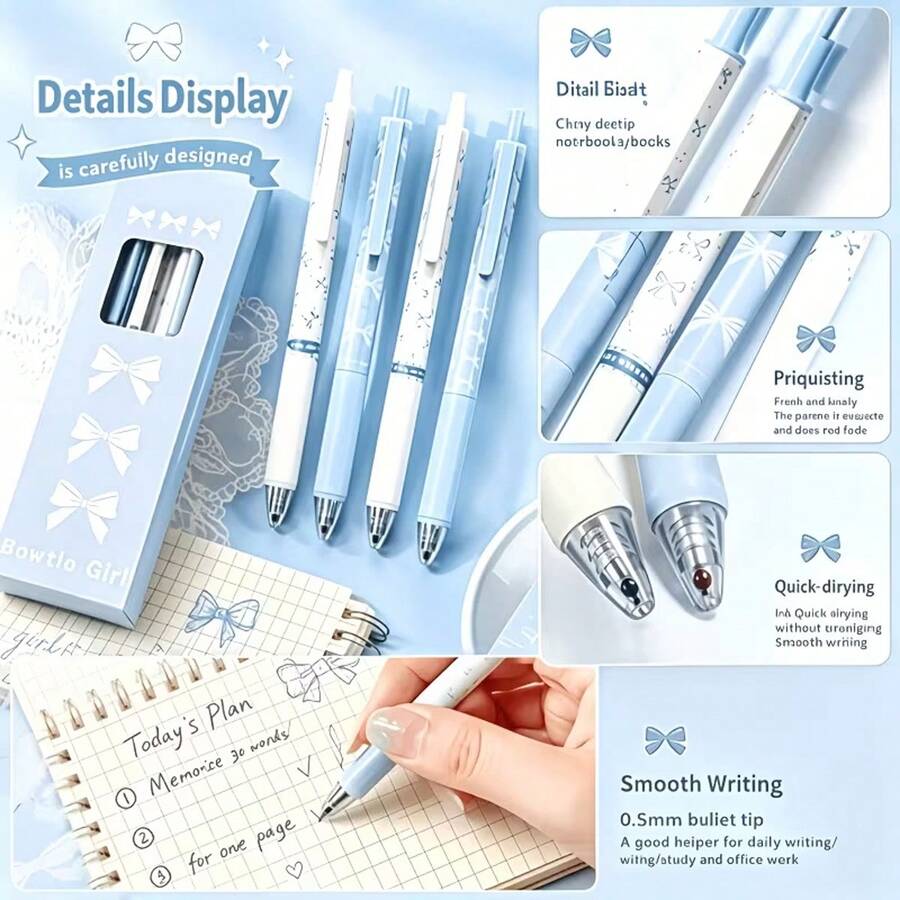 4pcs Set Retractable Bow Gel Pens, 0.5mm Fine Point Black Ink For Smooth Writing, Office And School Supplies, Style Blue For Women, Beaded Pens, Engraved Ballpoint Pens With Decorations, Fun Work Pens - A - View 1