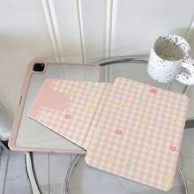 1件粉色格紋彩色碎花360°可旋轉平板保護殼，多角度視角書本式支架，相容 iPad A16 2025、Galaxy Tab S9 FE/S8 Plus/S7/S10、Pad、MatePad、Pad、Honor Pad、Xiaoxin Pad - 彩色 - 查看 3