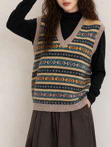 Women's Autumn/Winter Casual Minimalist Elegant Gentle Classic Vintage Pattern V-Neck Pullover Vest - Yellow Tones - View 3