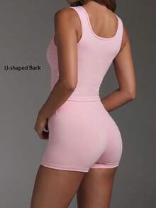 Women's Casual Backless Removable Padding Sport 2-Piece Set,U-Shaped Neck Solid Color Tank Tops,Skinny Basic High Waist Legging Shorts,For Yoga,Daily - Pink - View 2